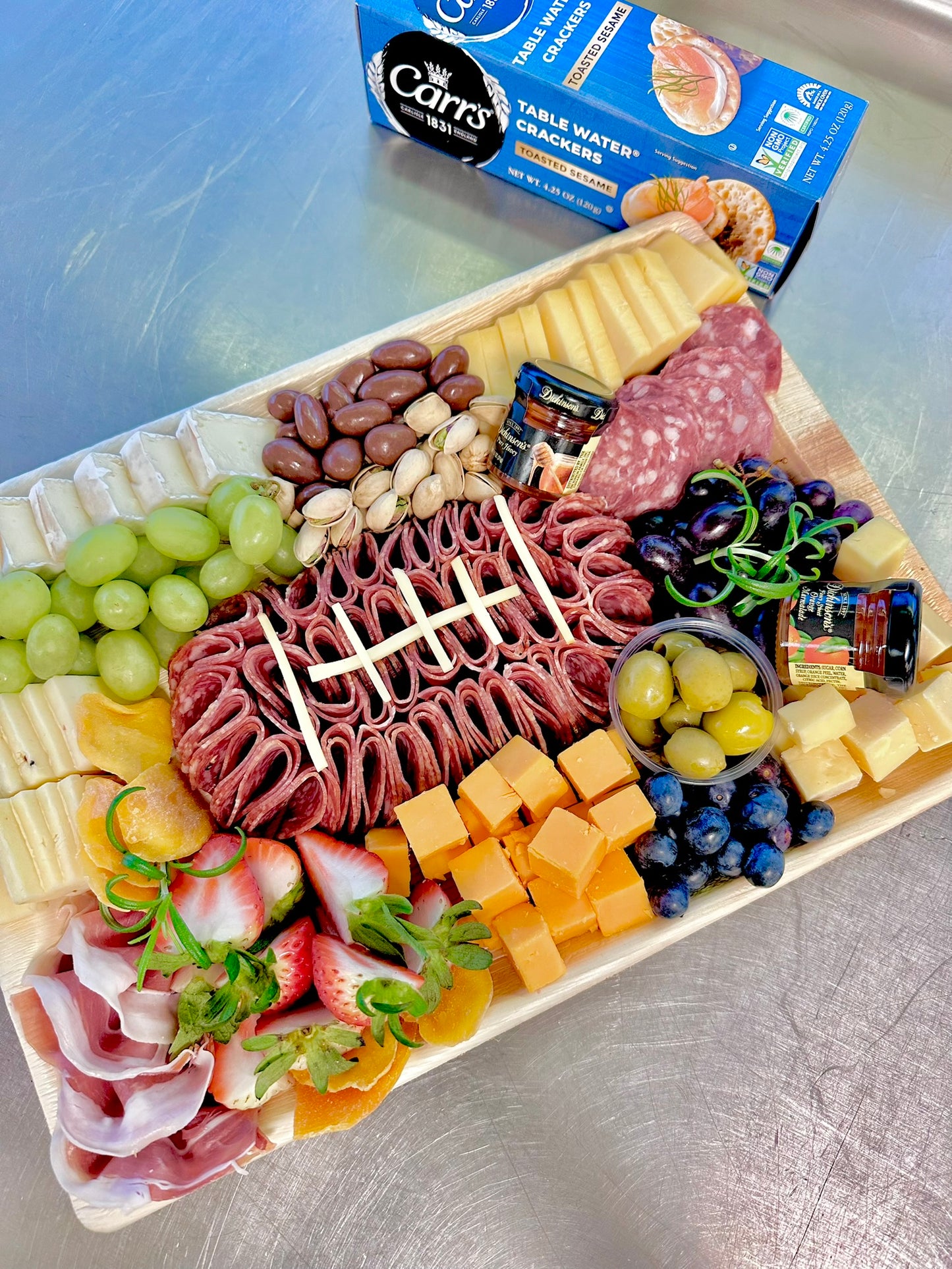 football_shaped_salami_charcuterie_board