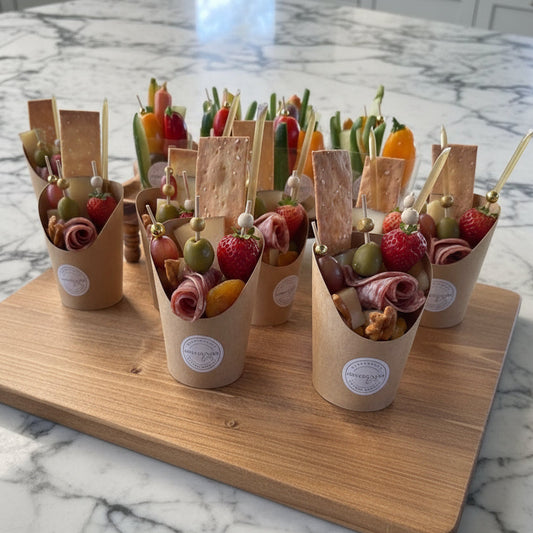 Small paper cones with charcuterie on a charcuterie cart