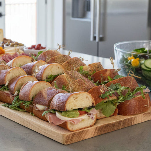Platter of small sandwiches with bread, lettuce, and other ingredients.