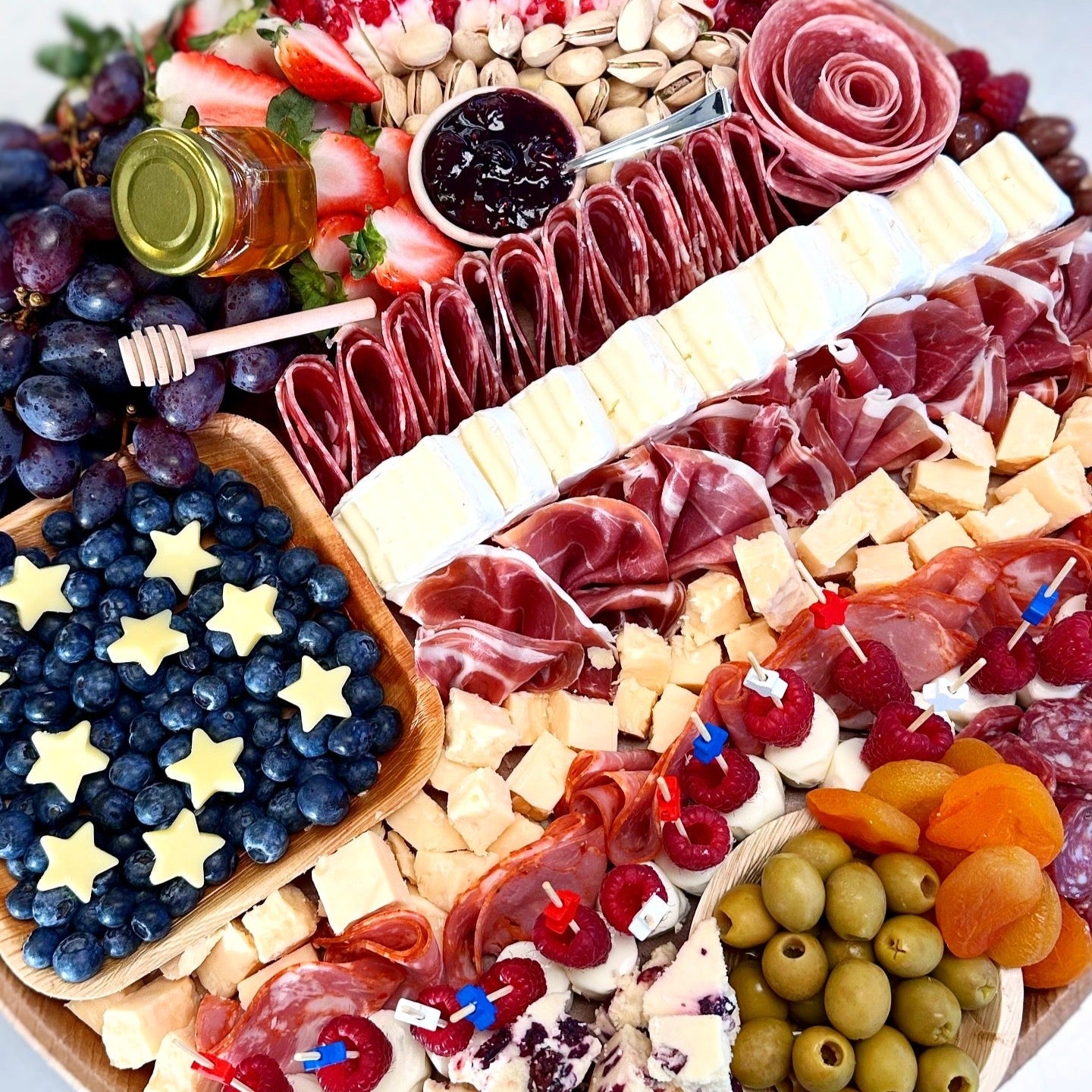 charcuterie board with patriotic accents