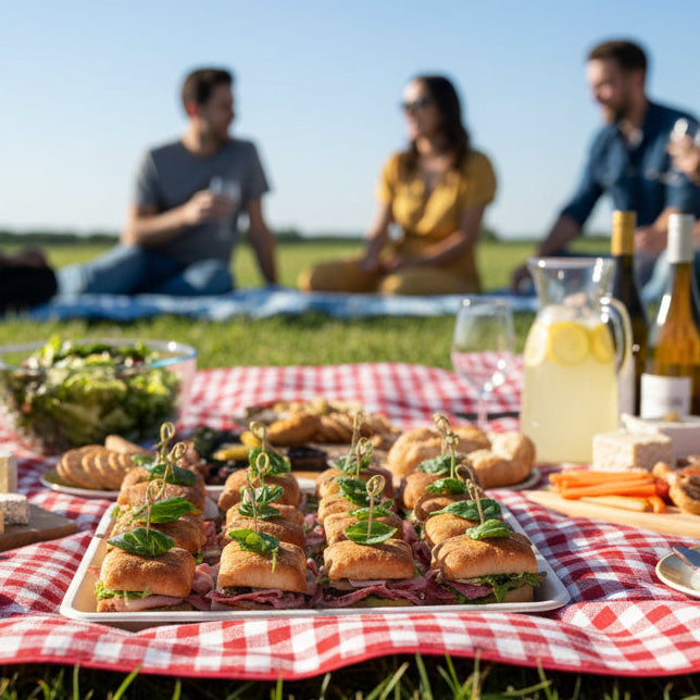 Mini sandwiches with bread, ham, lettuce, and green leaves on a tray.