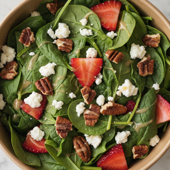 Spinach salad with strawberries, pecans, and goat cheese in a bowl.